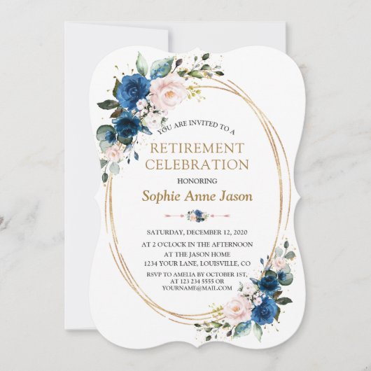 Blue Pink Floral Gold Rentirement Celebration Einladung (Vorderseite)