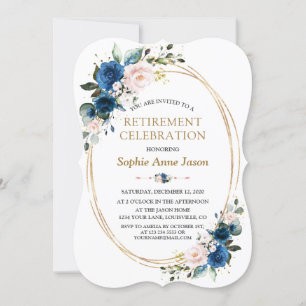 Blue Pink Floral Gold Rentirement Celebration Einladung