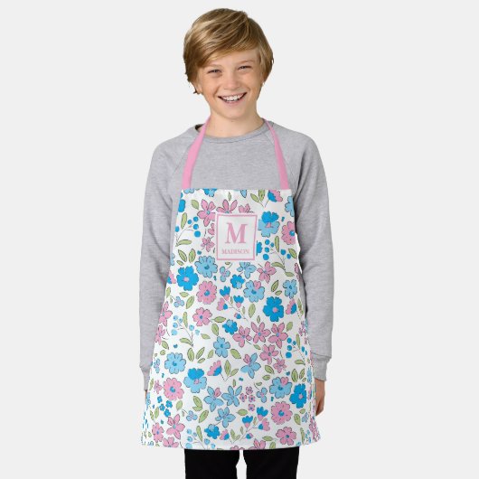 Blue Pink Floral Monogram Apron Schürze (Getragen)