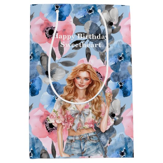 Blue Pink Floral Red Hair Girl Birthday Mittlere Geschenktüte (Vorderseite)
