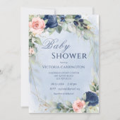 Blue & Pink Floral Watercolor Babydusche Einladung (Vorderseite)
