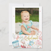 Blue Pink Foto Alice in Onederland 1. Geburtstag Einladung (Rückseite)