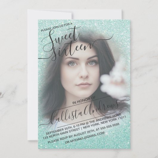 Blue Pink Funkelnd Glitzer Ombre Foto Sweet 16 Einladung (Vorderseite)