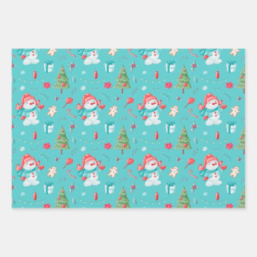 Blue Pink Funny Snowmen Pattern Kinder Weihnachten Geschenkpapier Set (Vorderseite)