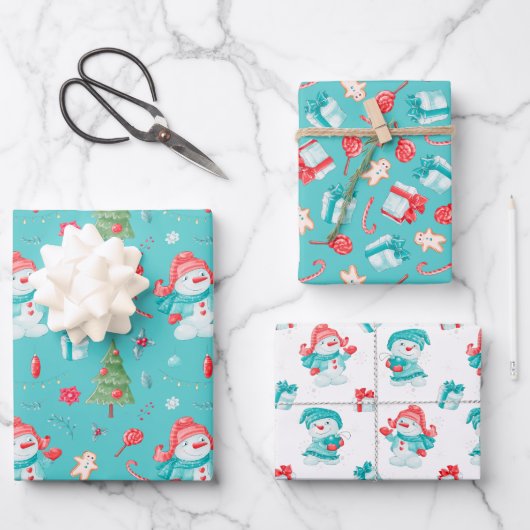 Blue Pink Funny Snowmen Pattern Kinder Weihnachten Geschenkpapier Set (Vorderseite)