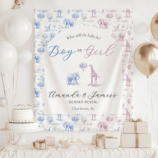 Blue Pink Gender Reveal Banner Safari Toile Wandteppich