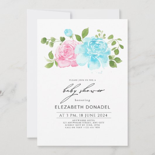 Blue Pink Gender Reveal Floral Bouquet Baby Dusche Einladung (Vorderseite)