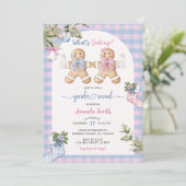 Blue & Pink Gingham Christmas Cookie Gender Reveal Einladung (Stehend Vorderseite)