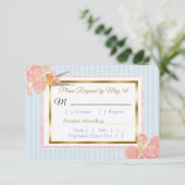 Blue PInk Gold Bird & Floral Wedding RSVP Karte (Stehend Vorderseite)