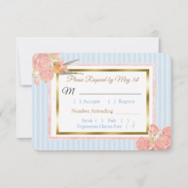 Blue PInk Gold Bird & Floral Wedding RSVP Karte