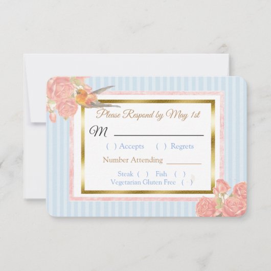 Blue PInk Gold Bird & Floral Wedding RSVP Karte (Vorderseite)