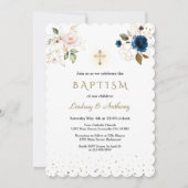 Blue Pink Gold Blume Twins Taufe Einladung (Vorderseite)