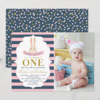 Blue & Pink Gold Bunny First Birthday Foto