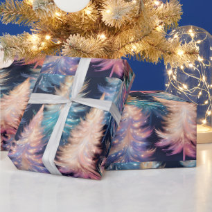 Blue Pink Gold Light Trees Moderne Weihnachten Geschenkpapier