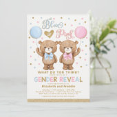 Blue Pink Gold Teddy Bear Gender Reveal Baby Einladung (Stehend Vorderseite)