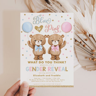 Blue Pink Gold Teddy Bear Gender Reveal Baby Einladung