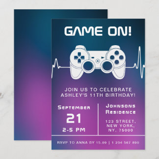 Blue Pink Gradient Video Gamer Gaming Kind Geburts Einladung