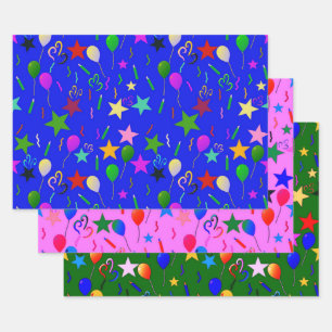 Blue Pink & Green Balloons & Stars Geschenkpapier Set