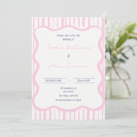 Blue pink Hand Written Pinstripe Whimsical Wedding Einladung (Stehend Vorderseite)