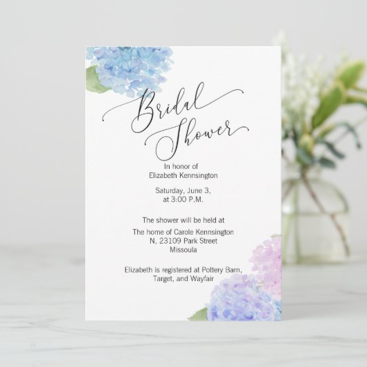 Blue Pink Hydrangea Bridal Dusche Einladung (Stehend Vorderseite)
