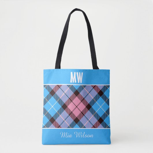 Blue Pink Kariert Tartan Personalisiert Monogram N Tasche (Vorderseite)