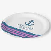 Blue Pink Nautical Anchor Hochzeitspapier-Teller Pappteller (Schrägansicht)