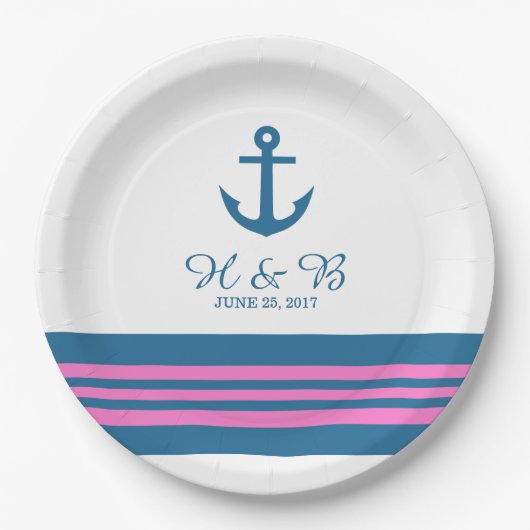 Blue Pink Nautical Anchor Hochzeitspapier-Teller Pappteller (Vorderseite)