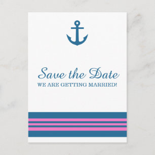 Blue Pink Nautical Anchor Save the Date Postcard Ankündigungspostkarte