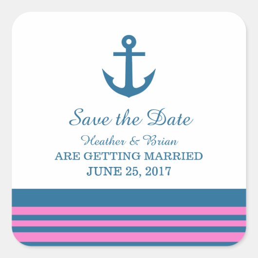 Blue Pink Nautical Anchor Save the Date Stickers (Vorderseite)