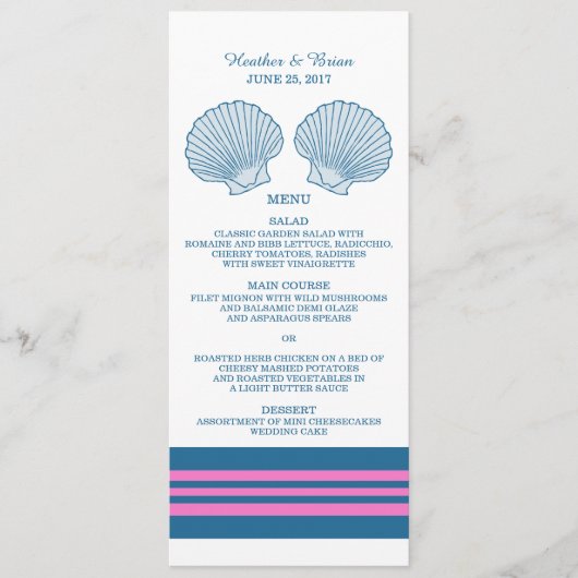 Blue Pink Nautical Seashells Wedding Menu Menükarte (Vorderseite)