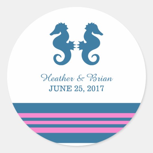 Blue Pink Nautical Seepferd Wedding Stickers (Vorderseite)