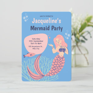 Blue Pink Niedlich Mermaid Party Geburtstag Einladung