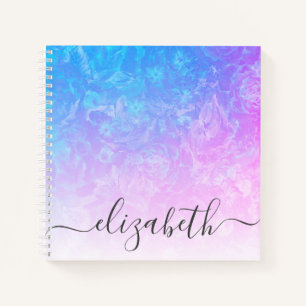 Blue Pink Ombre Floral Girl Schriftart Name Notizblock