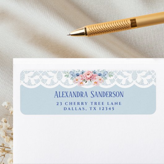 Blue Pink Peony White Vintag Lace Rücksendeadresse