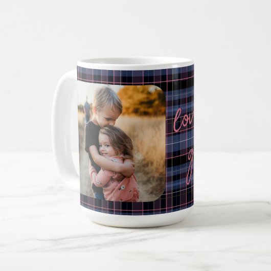 Blue Pink Plaid 1-Photo Custom Holiday Gift Script Kaffeetasse (Vorderseite Links)