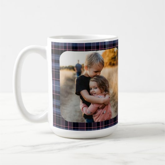 Blue Pink Plaid 1-Photo Custom Holiday Gift Script Kaffeetasse (Links)