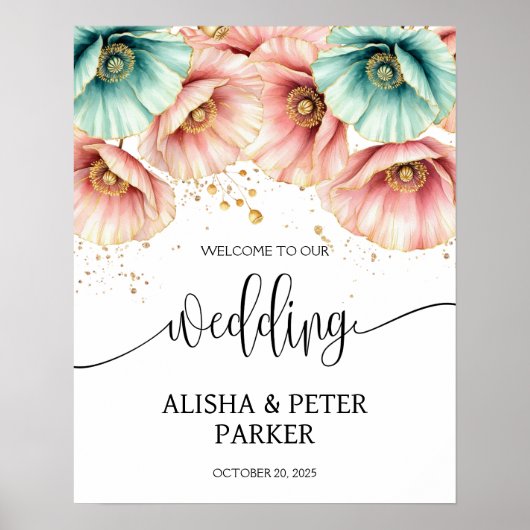 Blue & Pink Poppy Watercolor Hochzeit Willkommen Poster (Vorne)