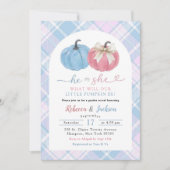 Blue Pink Preppy Gingham Pumpkin Gender Reveal Einladung (Vorderseite)