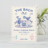 Blue & Pink Retro Cocktail Bachelorette Einladung (Stehend Vorderseite)