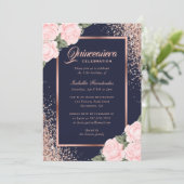 Blue Pink Rose Gold Floral Quinceñera Einladung (Stehend Vorderseite)