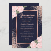 Blue Pink Rose Gold Floral Quinceñera Einladung (Vorne/Hinten)