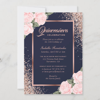 Blue Pink Rose Gold Floral Quinceñera Einladung
