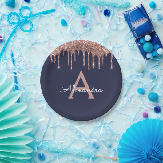 Blue Pink Rose Gold Glitzer Monogram Birthday Pappteller (Party)