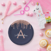 Blue Pink Rose Gold Glitzer Monogram Birthday Pappteller (Party)