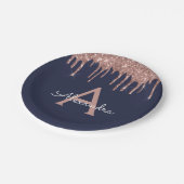 Blue Pink Rose Gold Glitzer Monogram Birthday Pappteller (Schrägansicht)