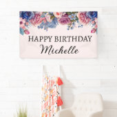 Blue Pink Roses Floral Botanisches Glück Geburtsta Banner (Insitu)
