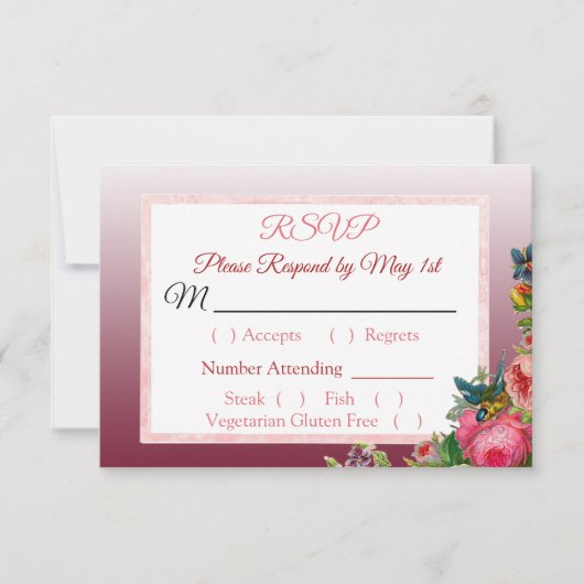 Blue PInk Roses Floral Striped Wedding RSVP Karte (Vorderseite)