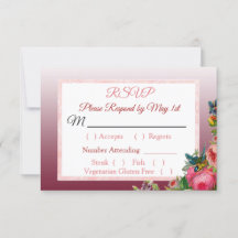 Blue PInk Roses Floral Striped Wedding RSVP Karte