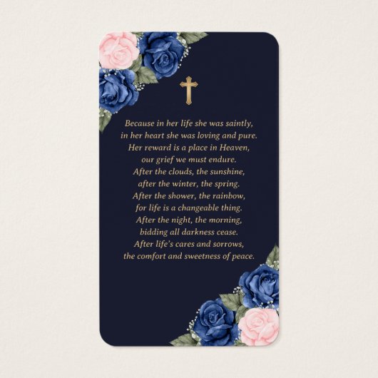 Blue Pink Roses Gold Cross Beerdigungskarte (Rückseite)