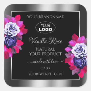 Blue Pink Roses Logo für schwarze Silberprodukte Quadratischer Aufkleber